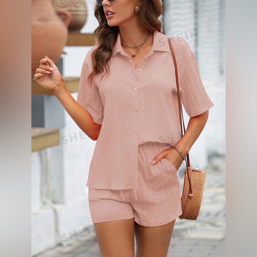 NWT SHEIN Women Casual Loose Fit Solid Pink Color Two-Piece Set size Medium